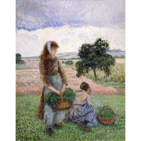 Peasants Carrying a Basket Black Modern Wood Framed Art Print with Double Matting by Pissarro, Camille