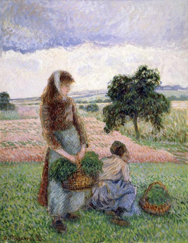 Peasants Carrying a Basket Black Ornate Wood Framed Art Print with Double Matting by Pissarro, Camille