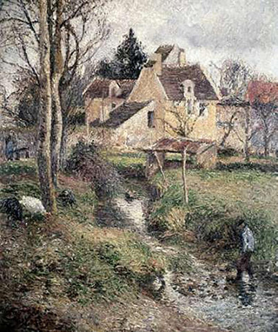 Stream at Osny White Modern Wood Framed Art Print with Double Matting by Pissarro, Camille