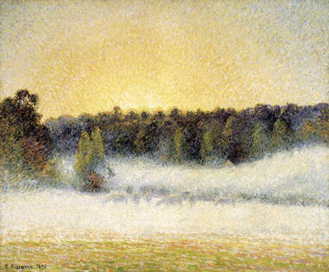 Sunset and Fog at Eragny White Modern Wood Framed Art Print with Double Matting by Pissarro, Camille