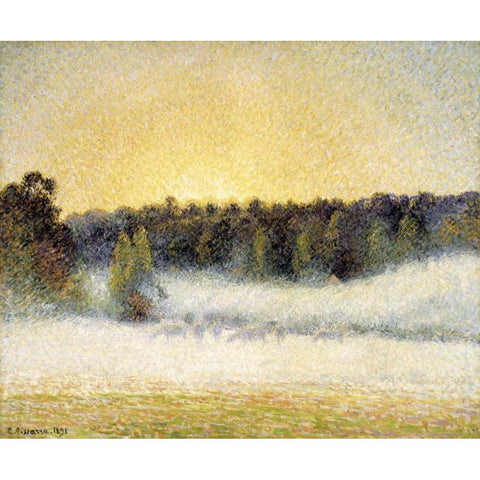 Sunset and Fog at Eragny White Modern Wood Framed Art Print by Pissarro, Camille