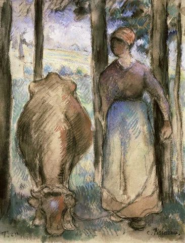 The Cowherd - La Vachere Black Ornate Wood Framed Art Print with Double Matting by Pissarro, Camille