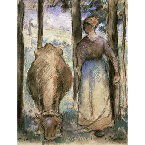 The Cowherd - La Vachere Black Modern Wood Framed Art Print with Double Matting by Pissarro, Camille