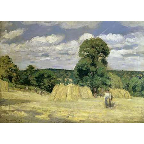 The Harvest at Montfoucault White Modern Wood Framed Art Print by Pissarro, Camille