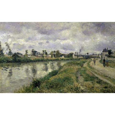The Rivers Edge White Modern Wood Framed Art Print by Pissarro, Camille