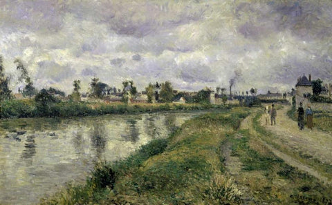 The Rivers Edge White Modern Wood Framed Art Print with Double Matting by Pissarro, Camille