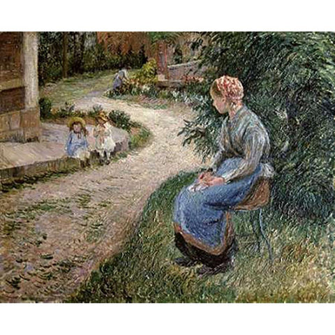 The Servant Seated in the Garden of Eragny Gold Ornate Wood Framed Art Print with Double Matting by Pissarro, Camille