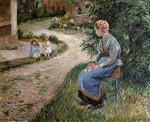 The Servant Seated in the Garden of Eragny White Modern Wood Framed Art Print with Double Matting by Pissarro, Camille