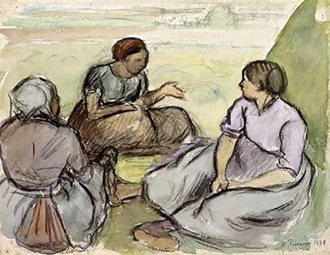 Three Peasant Women White Modern Wood Framed Art Print with Double Matting by Pissarro, Camille
