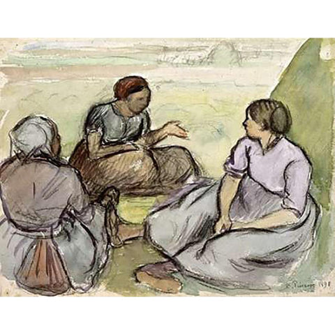 Three Peasant Women Black Modern Wood Framed Art Print with Double Matting by Pissarro, Camille