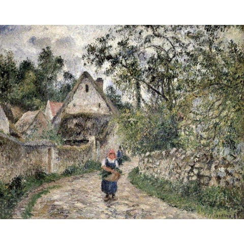 Village Street at Valhermeil Black Modern Wood Framed Art Print with Double Matting by Pissarro, Camille