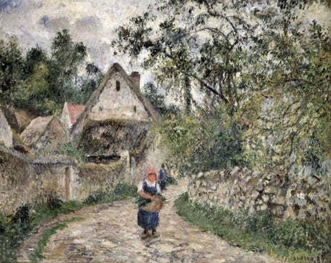 Village Street at Valhermeil White Modern Wood Framed Art Print with Double Matting by Pissarro, Camille