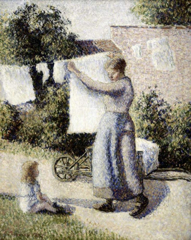 Woman Hanging Laundry White Modern Wood Framed Art Print with Double Matting by Pissarro, Camille