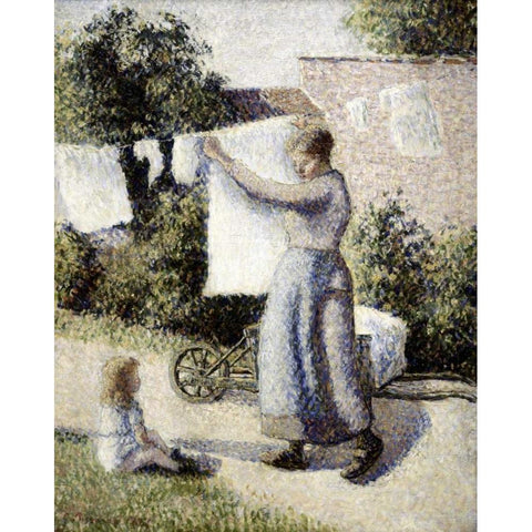 Woman Hanging Laundry Black Modern Wood Framed Art Print by Pissarro, Camille