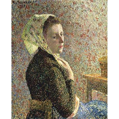 Woman with Green Scarf White Modern Wood Framed Art Print by Pissarro, Camille