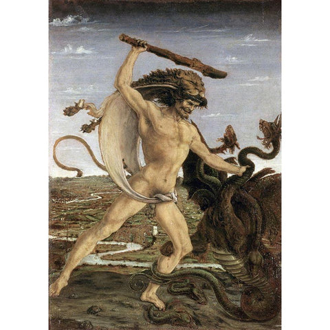 Hercules and The Lernaean Hydra White Modern Wood Framed Art Print by Pollaiolo, Piero del