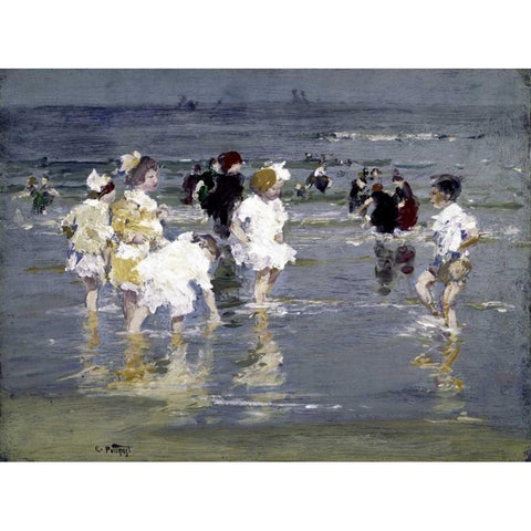 Children on the Beach Black Modern Wood Framed Art Print by Potthast, Edward Henry