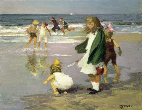 Play in the Surf Black Ornate Wood Framed Art Print with Double Matting by Potthast, Edward Henry