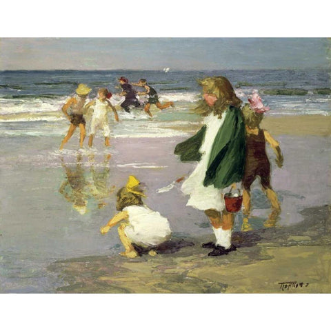 Play in the Surf Gold Ornate Wood Framed Art Print with Double Matting by Potthast, Edward Henry