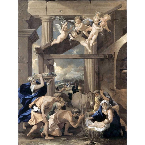 Adoration of The Shepherds White Modern Wood Framed Art Print by Poussin, Nicolas