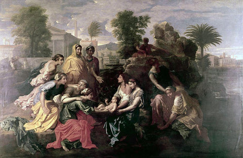 Discovery of Moses Black Ornate Wood Framed Art Print with Double Matting by Poussin, Nicolas