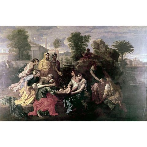 Discovery of Moses White Modern Wood Framed Art Print by Poussin, Nicolas