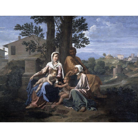 Holy Family In a Landscape White Modern Wood Framed Art Print by Poussin, Nicolas