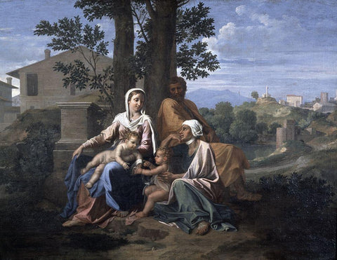 Holy Family In a Landscape White Modern Wood Framed Art Print with Double Matting by Poussin, Nicolas