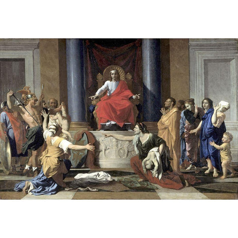 Judgement of Solomon White Modern Wood Framed Art Print by Poussin, Nicolas