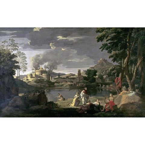 Orpheus and Eurydice Black Modern Wood Framed Art Print with Double Matting by Poussin, Nicolas