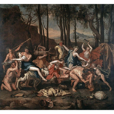 Triumph of Pan Black Modern Wood Framed Art Print with Double Matting by Poussin, Nicolas