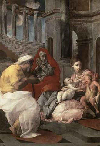 Holy Family With St. Elizabeth and John The Baptist White Modern Wood Framed Art Print with Double Matting by Primaticcio, Francesco