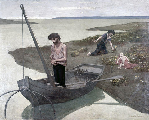 Poor Fisherman Black Ornate Wood Framed Art Print with Double Matting by Puvis de Chavannes, Pierre