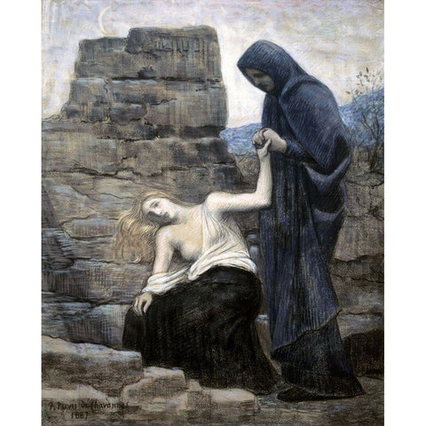 The Compassion Black Modern Wood Framed Art Print with Double Matting by Puvis de Chavannes, Pierre