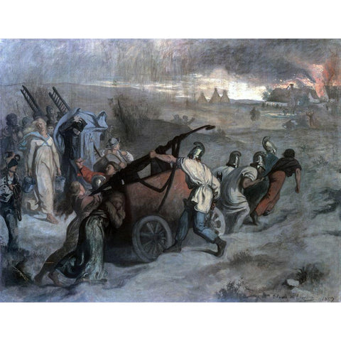 Village Firemen White Modern Wood Framed Art Print by Puvis de Chavannes, Pierre