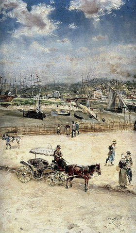 La Plage a Trouville White Modern Wood Framed Art Print with Double Matting by Raffaelli, Jean-Francois