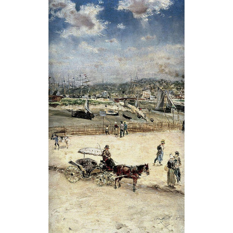 La Plage a Trouville Black Modern Wood Framed Art Print with Double Matting by Raffaelli, Jean-Francois