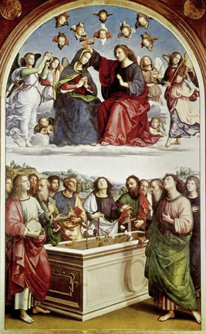 Coronation of The Virgin Black Ornate Wood Framed Art Print with Double Matting by Raphael