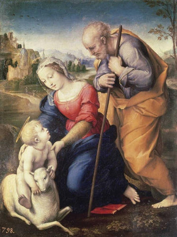 Holy Family With The Lamb Black Ornate Wood Framed Art Print with Double Matting by Raphael