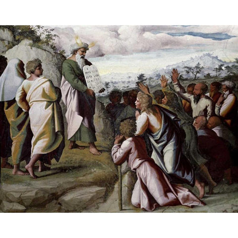 Moses Presenting The Ten Commandments Black Modern Wood Framed Art Print with Double Matting by Raphael