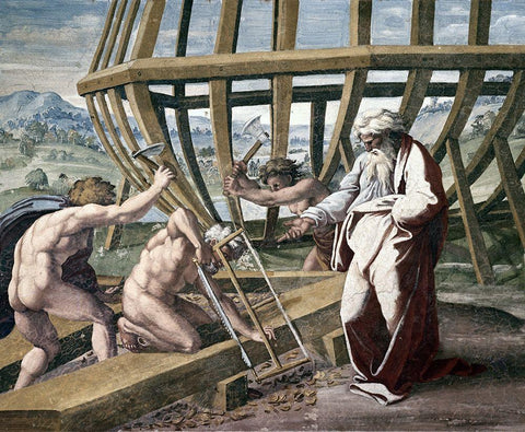 Noah Building The Ark Black Ornate Wood Framed Art Print with Double Matting by Raphael