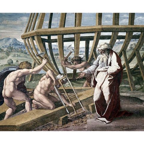 Noah Building The Ark White Modern Wood Framed Art Print by Raphael