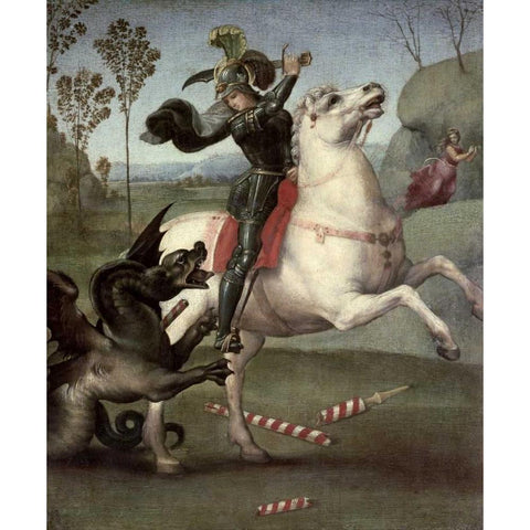 St. George Fighting The Dragon Black Modern Wood Framed Art Print with Double Matting by Raphael