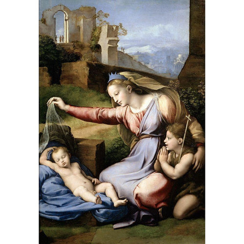 Virgin With The Veil Black Modern Wood Framed Art Print with Double Matting by Raphael