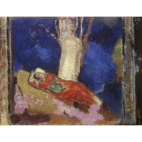 A Woman Lying Under The Tree White Modern Wood Framed Art Print by Redon, Odilion