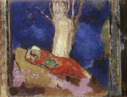 A Woman Lying Under The Tree White Modern Wood Framed Art Print with Double Matting by Redon, Odilion
