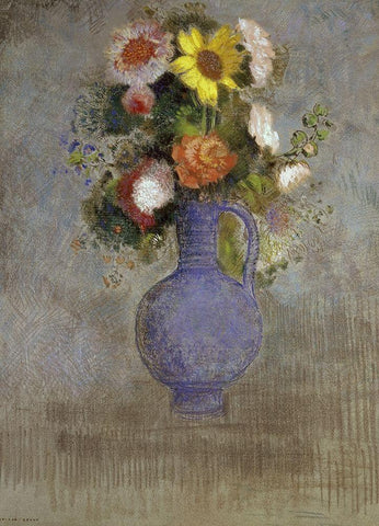 Bouquet in a Blue Vase White Modern Wood Framed Art Print with Double Matting by Redon, Odilon