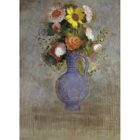 Bouquet in a Blue Vase Gold Ornate Wood Framed Art Print with Double Matting by Redon, Odilon
