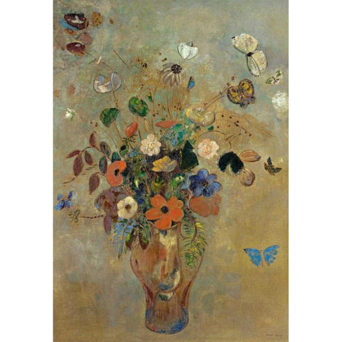 Bouquet of Flowers with Butterflies Gold Ornate Wood Framed Art Print with Double Matting by Redon, Odilion