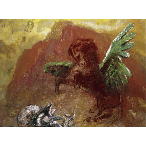 Pegasus and Hydra Black Modern Wood Framed Art Print with Double Matting by Redon, Odilion